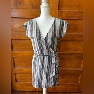 Lulus Island Retreat Grey Striped Wrap Dress with fringe hem